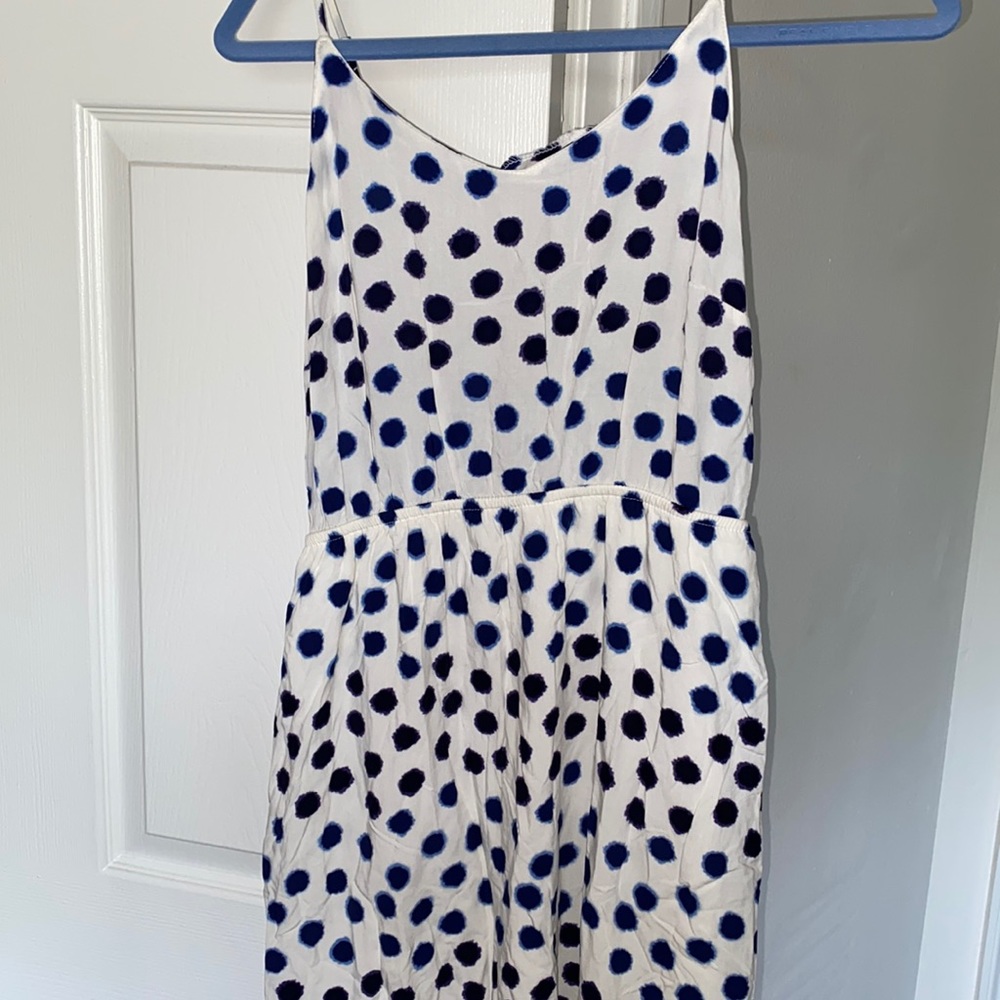 White with black and navy dots maxi dress-size S